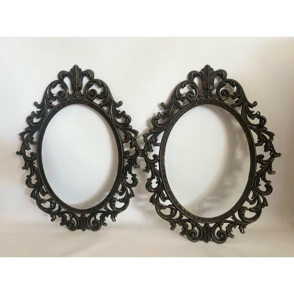 Two 13" Tall Victorian Style Ornate Oval Picture Frames Metal Scroll Filigree